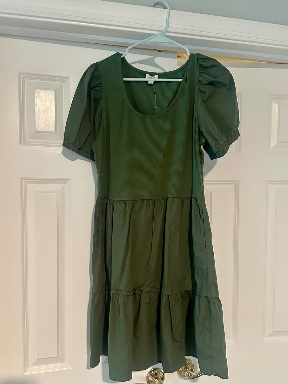 J. Crew Olive Green Tiered Midi Dress with Puff Sleeves